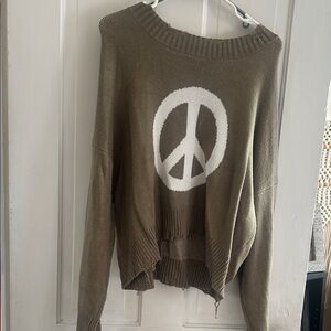 POL Olive Peace Sign distressed Sweater